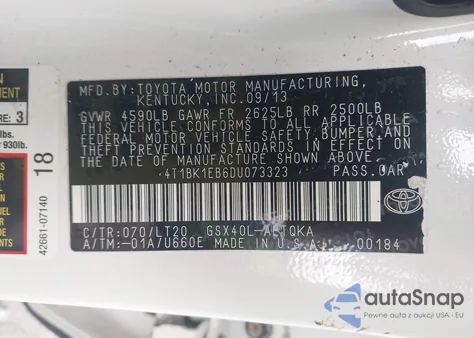 2013 Toyota Avalon Xle Touring z USA, uszkodzony, nr VIN 4T1BK1EB6DU073323